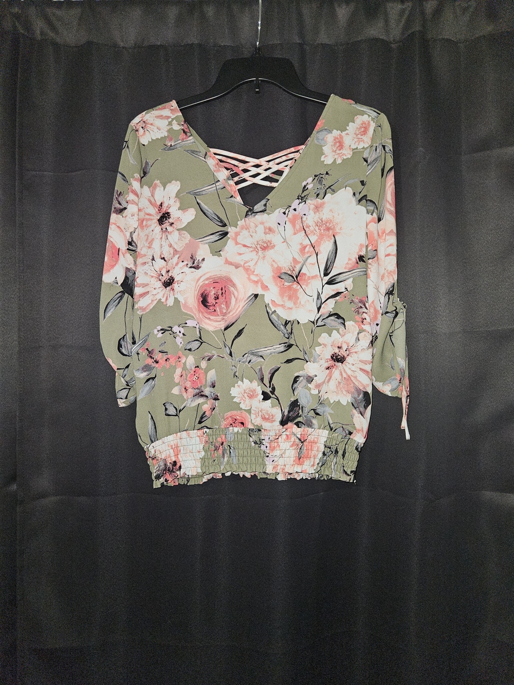 New York & Company Olive Green Floral V-Neck Tunic with Pink Roses